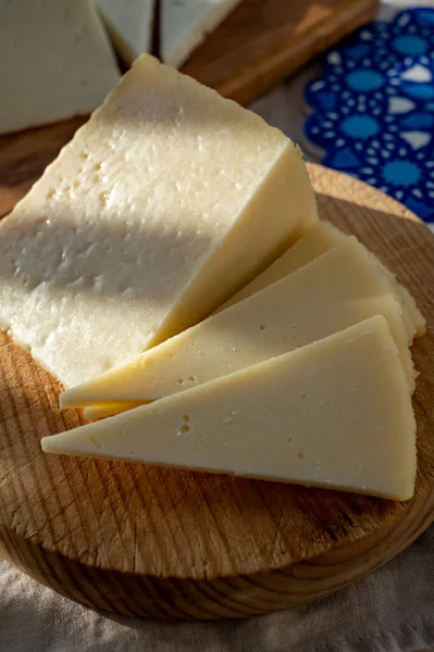 Spanish Hard Manchego Cow Sheep Goat Cheese Served Outdoor Morning —  Fotos de Stock