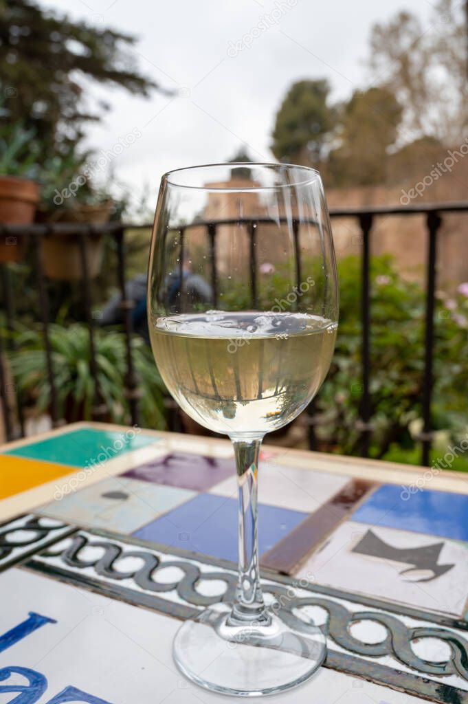 Glass of Spanish dry white wine served on outdoor terrace with view on red walls of medieval Andalusian fortress Alhambra in Granada, Spain