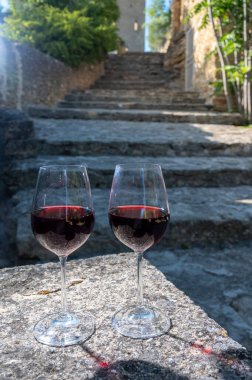 Tasting of red wine by old maker in Pierres Dores region with yellow stone houses on south of Beaujolais region, France, wine appelation region