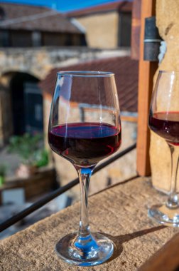 Fransa 'nın Beaujolais bölgesinin güneyinde sarı taştan evler ve şarap temyiz bölgesi olan Pierres Dores bölgesindeki eski üreticinin kırmızı şarabının tadına bakılıyor.