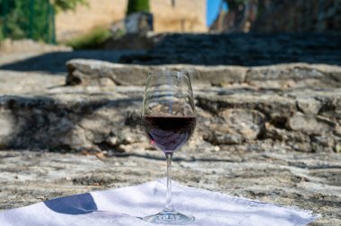 Fransa 'nın Beaujolais bölgesinin güneyinde sarı taştan evler ve şarap temyiz bölgesi olan Pierres Dores bölgesindeki eski üreticinin kırmızı şarabının tadına bakılıyor.