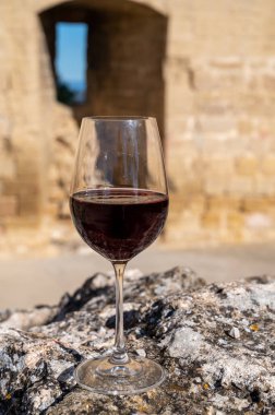 Fransa 'nın Beaujolais bölgesinin güneyinde sarı taştan evler bulunan Pierres Dores bölgesindeki şarap imalatçısının kırmızı şarabını tatmak.