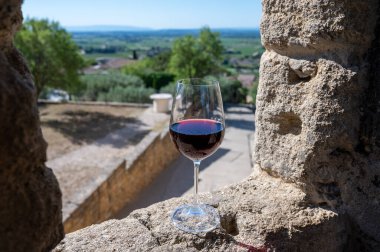 Fransa 'nın Beaujolais bölgesinin güneyinde sarı taştan evler bulunan Pierres Dores bölgesindeki şarap imalatçısının kırmızı şarabını tatmak.