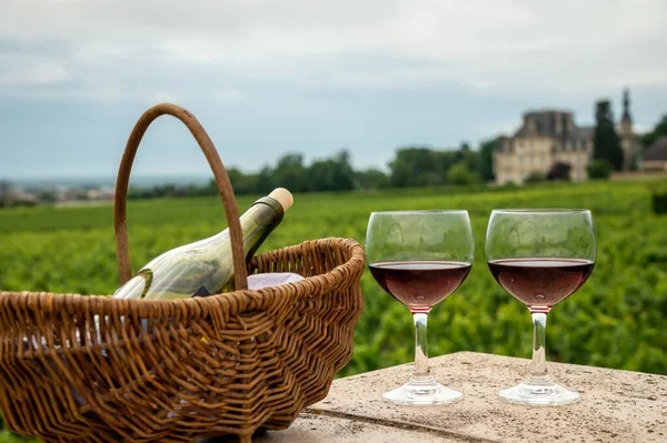 Tasting of red wine by old maker in Pierres Dores region with yellow stone houses on south of Beaujolais region, France, wine appelation region