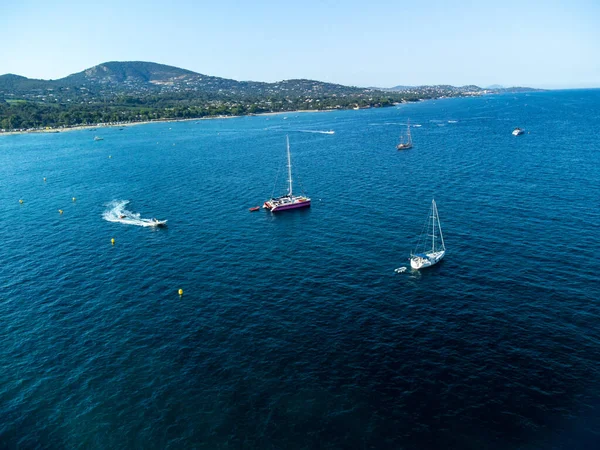 Aerial View Blue Water Gulf Saint Tropez Sail Boats Houses — Stock Photo, Image