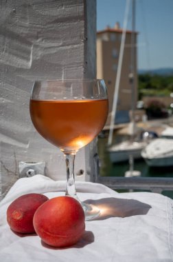 Drinking of cold rose wine from Provence with red apricots and view on yacht harbour of Port Grimaud, summer vacation on French Riviera, France
