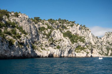 Cassis yakınlarındaki Calanque de Port Pin 'de manzara, Fransa' nın Provence kentindeki Calanques Ulusal Parkı 'na tekne gezisi