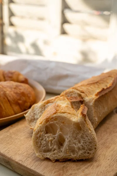 Summer Morning Provence Traditional Breakfast Fresh Baked Croissants Baguette Bread — Stock Photo, Image