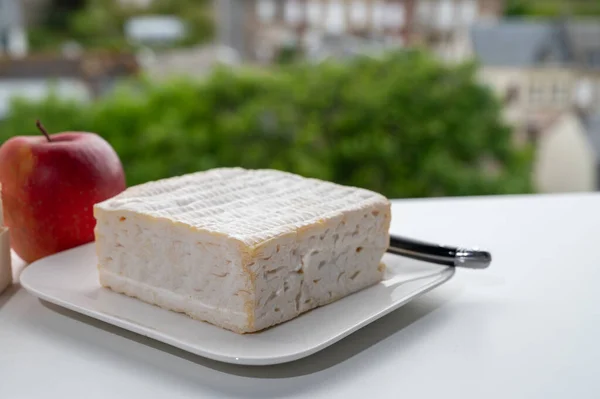 French squared pont l\'eveque cow cheese from Calvados department served with apple and view on green trees and old houses of Etretat, Normandy, France