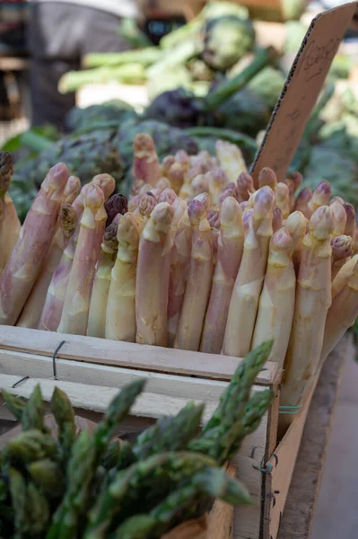 Fresh raw white asparagus vegetables for sale in french Provencal farmers market in april, Cassis, France