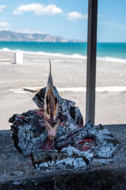 Malaga usulü taze balık hazırlama, günün avı, şişler ve şöminede zeytin ağaçları, Endülüs, İspanya sahillerinde odun ateşiyle