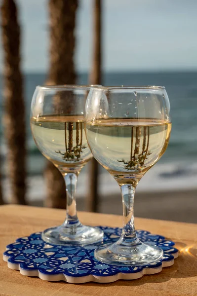 Glasses Spanish Dry White Wine Served Andalusian Style Board Blue — Stock Photo, Image