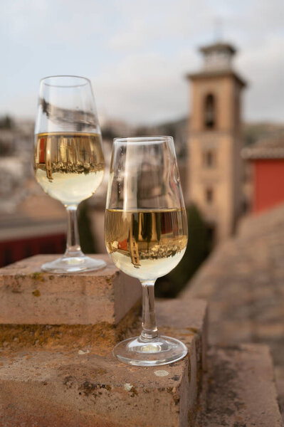 Tasting of sweet and dry fortified Vino de Jerez sherry wine with view on roofs and houses of old andalusian town, South of Spain