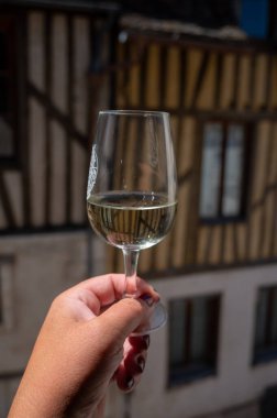 Tasting of white grand cru classe chablis wine with old French houses on background, Burgundy, wine tour is France