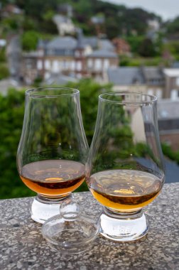 Arka plandaki eski evleri gören iki bardak viski, Edinburgh viski tatma turu, İskoçya