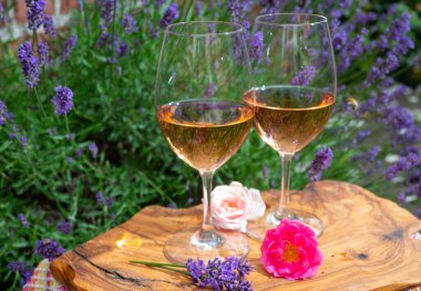 Provence 'den Fransız gülü şarabı, arka planda mor lavanta çiçekli iki kadeh şarap güneşli bir günde açık havada zeytin ağacı tahtasında servis ediliyor.