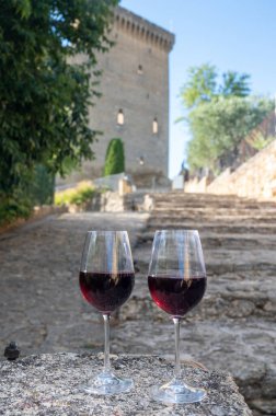 Wine tour with tasting of red dry wine and ruins of medieval castle of Chteauneuf du Pape ancient wine making village in France