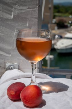 Drinking of cold rose wine from Provence with red apricots and view on yacht harbour of Port Grimaud, summer vacation on French Riviera, France