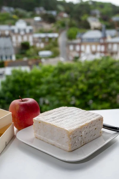 French squared pont l\'eveque cow cheese from Calvados department served with apple and view on green trees and old houses of Etretat, Normandy, France