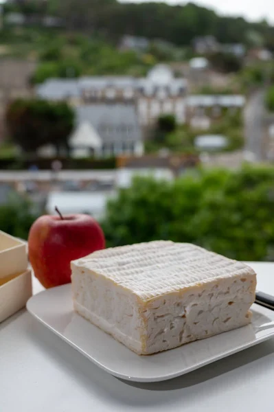 French squared pont l\'eveque cow cheese from Calvados department served with apple and view on green trees and old houses of Etretat, Normandy, France