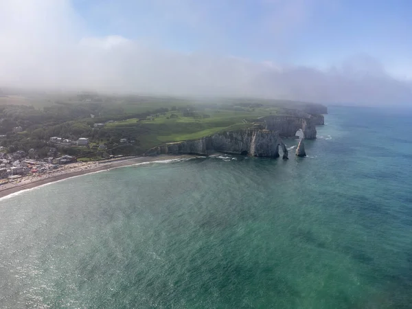 Aerian View Chalk Cliffs Porte Aval Arch Etretat Green Meadows — Stock Photo, Image