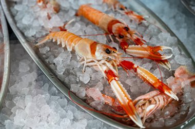 Fresh crayfishes with claws from river on ice in restaurant