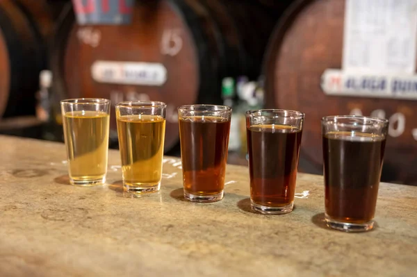 Tasting Different Sweet Wines Wooden Barrels Old Bodega Wine Bar — Fotografia de Stock