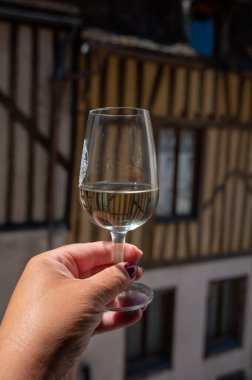 Tasting of white grand cru classe chablis wine with old French houses on background, Burgundy, wine tour is France