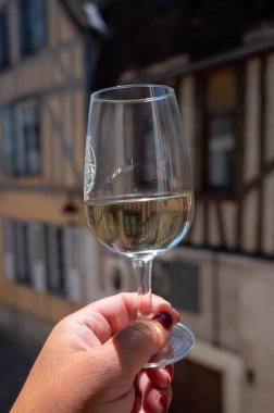 Arka planda eski Fransız evleri, Burgundy, şarap turu olan beyaz büyük cru sınıfı Chablis şarabı tatmak Fransa 'dır.