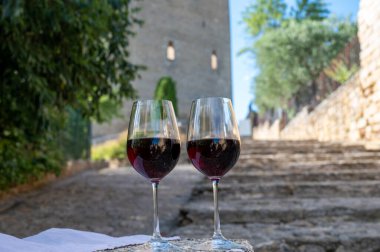 Tasting of red wine by old wine maker in Pierres Dores region with yellow stone houses on south of Beaujolais region France, wine appellation region