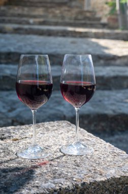 Tasting of red wine by old wine maker in Pierres Dores region with yellow stone houses on south of Beaujolais region France, wine appellation region