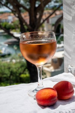 Drinking of cold rose wine from Provence with red apricots and view on yacht harbour of Port Grimaud, summer vacation on French Riviera, France