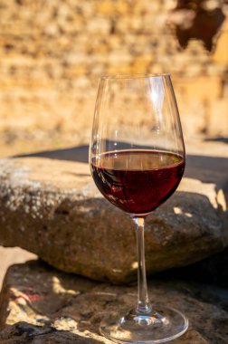 Tasting of red wine by old wine maker in Pierres Dores region with yellow stone houses on south of Beaujolais region France, wine appellation region