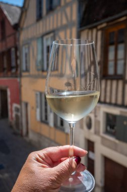 Tasting of white grand cru classe chablis wine with old French houses on background, Burgundy, wine tour is France