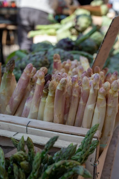 Fresh raw white asparagus vegetables for sale in french Provencal farmers market in april, Cassis, France