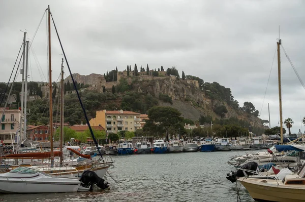 Rainy day in april in South of France, view on old fisherman\'s port with boats and colorful buildings in Cassis, Provence, France