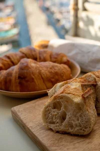 Summer Morning Provence Traditional Breakfast Fresh Baked Croissants Baguette Bread — стоковое фото