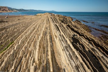 Zumaia 'nın Atlantik kıyısındaki alçak gelgitte, İspanya' nın Bask Bölgesi 'nde dik eğimli sinek jeolojik oluşumuna bakın.