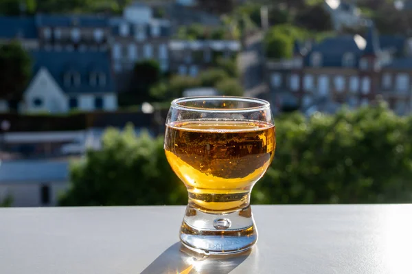 One glass of apple cider drink in sunlights and houses of Etretat village on background, Normandy, France