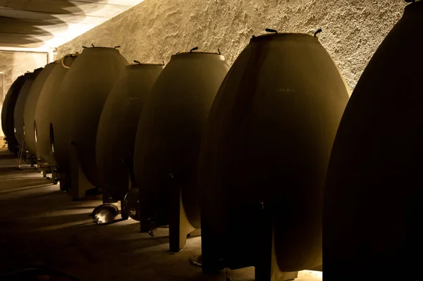 Stages of wine production from fermentation to bottling, visit to wine cellars in Cote d\'Or, Burgundy, France, Aging in concrete eggs vats.