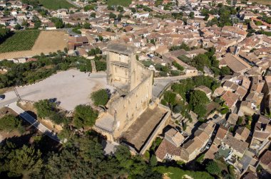 Güneşli bir günde ortaçağ binaları ve üzüm bağları, tatil beldeleri, Fransa 'nın Provence kentindeki Chateauneuf-du-pape köyünde ünlü şaraplar.