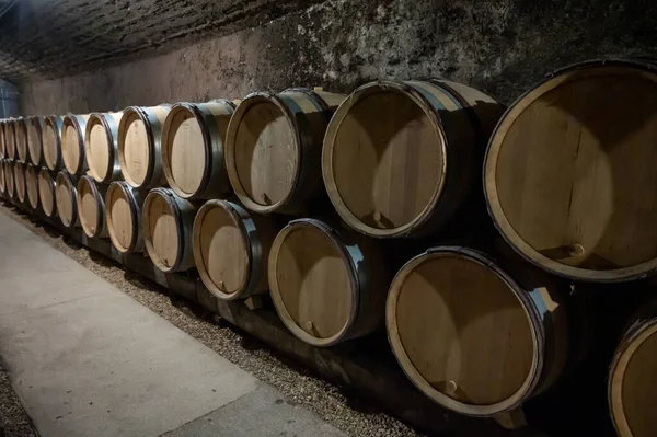 Stages of wine production from fermentation to bottling, visit to wine cellars in Cote d\'Or, Burgundy, France, Aging in wooden barrels.