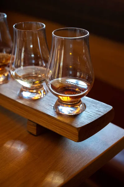 Flight Single Malt Scotch Whisky Glasses Served Bar Edinburgh Tasting — Zdjęcie stockowe