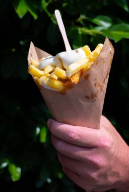 Traditional street food in Belgium and Netherlands, French fried potatoes chips with mayonnaise sauce in paper cone bag