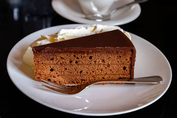 Piece Famous Sachertorte Chocolate Cake Apricot Jam Austrian Origin Served — Foto de Stock