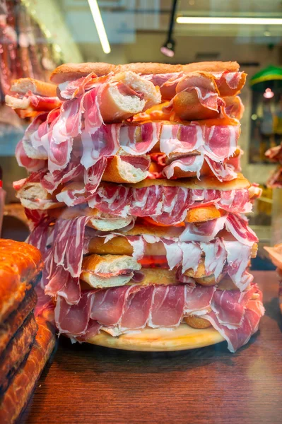 Spanish Street Food Fresh Baked Baguette Bread Sliced Iberian Cured — Stock Photo, Image