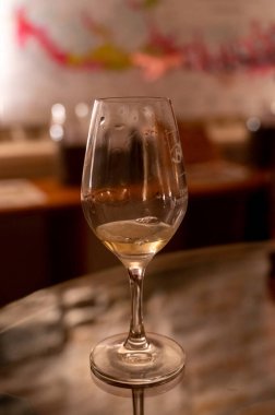 Wine tasting in underground cellars caves of French wine domain in Puligny-Motrachet village, Burgundy, France with map of Burgundy wine appelations and soils on background.