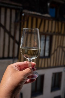 Tasting of white grand cru classe chablis wine with old French houses on background, Burgundy, wine tour is France