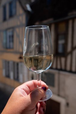 Tasting of white grand cru classe chablis wine with old French houses on background, Burgundy, wine tour is France