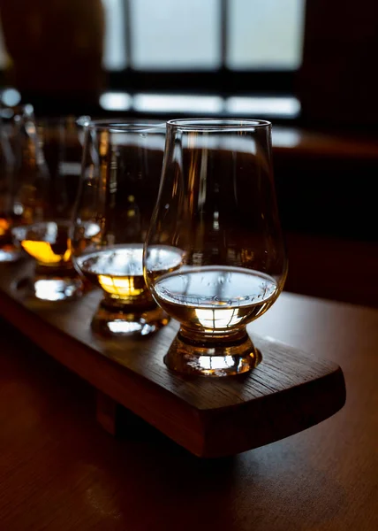 Flight Single Malt Scotch Whisky Glasses Served Bar Edinburgh Tasting — 스톡 사진